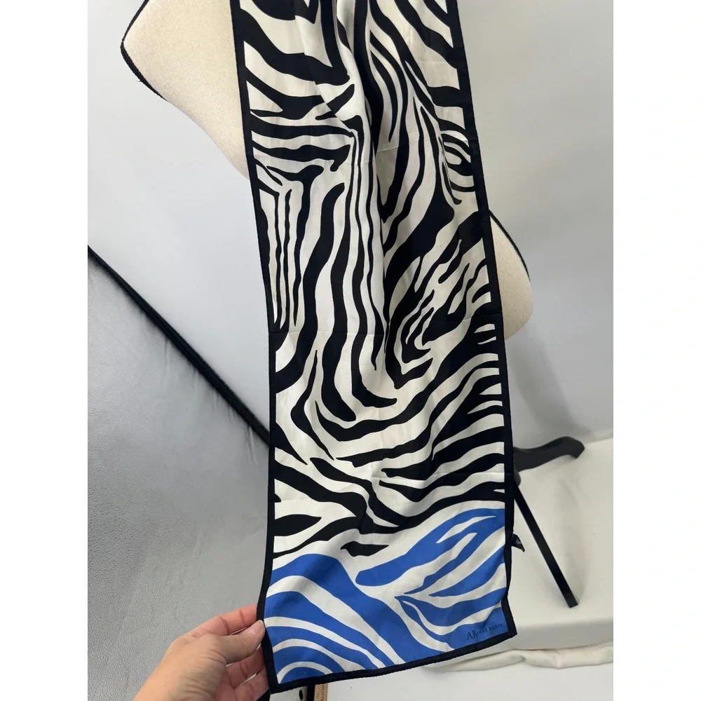 Anne Klein Zebra Striped Silk Scarf Shawl Wrap Colorblock Black White Blue 13x62